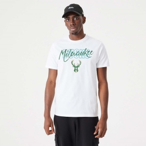 Camiseta New Era Milwaukee Bucks NBA Script Blancos | VWCEY-4609