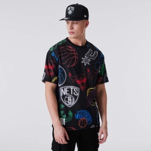 Camiseta New Era NBA All Over Print Neon Negros | RQLYG-3179